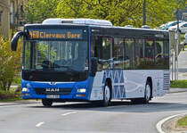 PRÜ A 580, MAN Lion’s City des Verkehrsverbunds Trier, auf dem Weg zum Bahnhof von Clervaux, gesehen in Marnach. 04.2022 