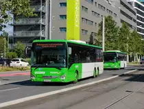 Graz. Nachdem es im Sommer 2020 und Herbst 2021 eine Sperre der Steirischen Ostbahn zwischen Graz und Gleisdorf gab, ist es im Sommer 2022 wieder soweit: Wegen Bauarbeiten, unter anderem im Grazer Ostbahnhof, ist zwischen Graz und Gleisdorf ein Schienenersatzverkehr eingerichtet worden. Am 1. Werktag während dieses Ersatzverkehrs waren sehr viele giftgrüne RegioBusse unterwegs. Dieses Bild zeigt den Postbus BD 16121 und den Greimel Linien Wagen 5 bei der Einfahrt in den Ostbahnhof.