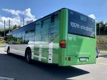 Heckansicht des zum Elektro umgebauten Citaro als Probefahrzeug für die RBS am 31.8.22 bei der Shell Tankstelle in Bern Brünnen.