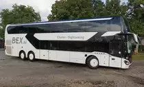 Setra S 531 DT, B-EX 3233 im SEV für die RB 24 von DB Regio, am 27.08.2021 am Bf Halbe.