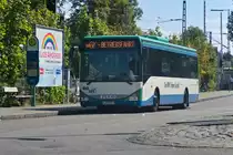 Iveco-Irisbus Crossway (M-RV 9407) auf Betriebsfahrt an der Haltestelle Wolfratshausen S-Bahn. Aufgenommen 25.8.2022.