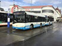 14.12.2022 kurz vor 12 Uhr: Ein mit Eiszapfen verzierter Solaris Urbino 8.9 der Wilmobil (233) steht am Bahnhof Wil SG, eingesetzt auf der Linie 3 in Richtung Ölberg-Neugruben.