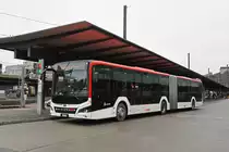 MAN Lions City 174, auf der Linie 4, wartet am 25.01.2023 an der Haltestelle beim Bahnhof Baden.