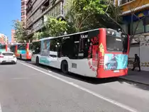 Mercedes-Benz Citaro O 530 C2, Wagen 695, Baujahr 2013, Firma Masatusa, im Einsatz auf der Linie 5, wartet an der Haltestelle Mercado - Rambla in Alicante am 14.03.2023.