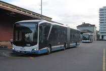 VBZ Nr. 482 (MAN New Lion's City 18E) & Nr. 657 (MAN New Lion's City 12E) am 7.2.2024 beim Bhf. Wollishofen