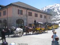 Vergangenheit und Gegenwart auf dem Gotthardpass. Obs am 20.6.09 geplant war oder nicht weiss, ich leider nicht.  Jedenfalls, nachdem wir mit dem Postauto die Gotthardpasshhe erreichten, kam ber die historische Tremola die historische Postkutsche an. Natrlich war der Postillion zeitgemss gekleidet. Leider war aber kein Bild ohne viele Leute mglich.