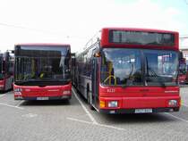 Zwei Busse der Rheinbahn AG Dsseldorf.
Links ein MAN NL 283, der Prototyp aus dem Jahr 2006 mit der Wagennummer 7500.
Rechts ein MAN NG 262, Baujahr 1997, Wagennumer 8227.
Aufgenommen whrend der Feierlichkeiten 110 Jahre Betriebshof Benrath, am 21.06.2008.
Ort: Betriebshof Dsseldorf-Benrath.