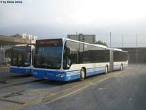 Nr. 360 am 22.9.09 beim Bhf. Sargans. Im Jahre 2007 bernahm die BSW die meisten Postautolinien im Raume Sargans, und erneuerte den Fuhrpark, der dann nur noch aus maximal 12m Bussen bestand. So wurde auch die Linie 400 auf Standartbus umgestellt. Nach 2 Jahren merkte man, dass man fr die Linie 400 ein Gelenkbus bentigt. Nun gab es auch ein Geischterwechsel im Hause BSW, denn aus einem Lwen (links) wurde ein Stern (rechts)...