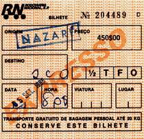 NAZARÉ (Distrito de Leiria), 05.09.1985, Ticket der damals staatlichen Busgesellschaft RN (Rodoviária Nacional) von Nazaré nach Coimbra; die RN wurde in den 1990er Jahren privatisiert -- Fahrkarte eingescannt