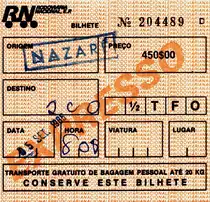 NAZARÉ (Distrito de Leiria), 05.09.1985, Ticket der damals staatlichen Busgesellschaft RN (Rodoviária Nacional) von Nazaré nach Coimbra; die RN wurde in den 1990er Jahren privatisiert -- Fahrkarte eingescannt