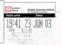 LONDON, 23.06.2003, Busticket vom Trafalgar Square zum Devonshire Place -- Fahrkarte eingescannt