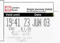 LONDON, 23.06.2003, Busticket vom Trafalgar Square zum Devonshire Place -- Fahrkarte eingescannt