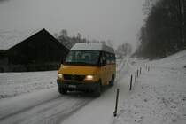 Bei schlechtem Wetter bleibt der Vario von PU Halter aus Giswil in der Garage; Der Sprinter 312D OW 5'300 aus 1999 bernimmt am 6.3.2010 die wenigen verwegenen Skifahrer Richtung Mrlialp. Mit seinem 4x4-Antrieb wird er sein Ziel gar ohne Schneeketten erreichen. Aufnahme bei Kleinteil.
