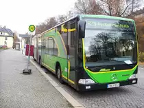 MB Citaro-Busbahn - MW R 114, in Glauchau, Bahnhof (November 2009). Besonderheit: Bus verf�gt �ber Fahrradst�nder + WC.
Bus wird auf einer ehem. Bahnlinie eingesetzt (Bahnlinie Glauchau - Rochlitz)