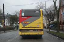 Der Bus 5.660 der TEC ist so eben aus dem Depot in Eupen ausgefahren. Aufnahmedatum ist der 14.3.2010.
