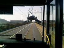 Blick von Vorne aus einem MAN Lions City Gelenkbus der STOAG.
Haltestelle  Neue Mitte !