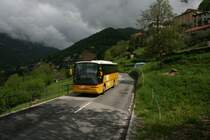PU AutoPostale Valle di Muggio Sagl, Muggio, TI 126'242 (Neoplan N313, 2002) am 8.5.2010 unterwegs unterhalb Cabbio. Im Hintergrund der Talhauptort Muggio. 