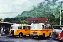 80 Jahre Postautostrecke auf die Griesalp: Schmid, Th�rishaus BE 26'760 Saurer/Gangloff (ex Geiger, Adelboden Nr. 3) und BE 26'105 Saurer/R&J (ex Geiger, Adelboden Nr. 9) am 29. Mai 2010 Reichenbach, Bahnhof
