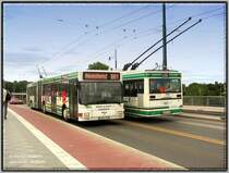 Die Barnimer Busgesellschaft betreibt ein modernes Oberleitungsbusnetz in der Stadt Eberswalde, nrdlich Berlins. Eingesetzt werden Oberleitungsomnibusse vom sterreichischen Typ AF Grf & Stift NGE 152 M17. Diese wurden von der sterreichischen Automobilfabrik Grf & Stift AG Wien/A, einem Tochterunternehmen der MAN, hergestellt und basieren auf dem Stadtbustyp MAN NL202.
Eberswalde, 08.08.06
