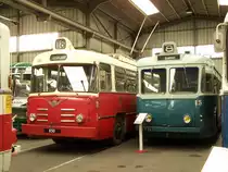 In Rot, ein Vetra-Berliet VA3B2, Wagen 830 der Stadt Lyon, Jahrgang 1954, nud in Blau, ein Vetra VBRh, Wagen 15 der Stadt Le Havre, Jahrgang 1951, im AMTUIR Museum.