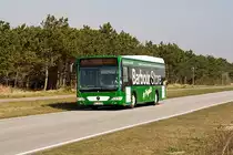 Auf der Direktbuslinie 5 war am 13. April 2008 der NF-SV 775 von List im Norden der Insel Sylt nach Hrnum im Sden der Insel Sylt unterwegs, als der Bus am Wldchen in Norden von Rantum vorbei kommt.