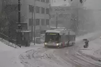 Am17. Dezember 2010 zog ein richtiger Schneesturm �ber Luzern, im Verlaufe des Nachmittags mussten die meisten Linien zwischenzeitlich eingestellt werden. Zusehen ist hier der Hess/Vossloh-Kiepe BGT-N2C  Swisstrolley 3  Nr. 217 bei der Eisfeldstrasse