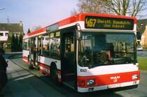 DSW 1043, ein MAN NL202, aufgenommen im Mrz 2002 an der Haltestelle Oespel Schleife in Dortmund.