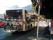 Bike and Ride in Innsbruck. Heckansicht von einem EvoBus MB O 530 (Citaro) mit Fahrradtr�ger. Ort: Marktgraben, Innsbruck (A).