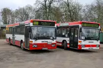 DSW21 1551 und DSW21 1555 (ex DSW21 1063) , je ein Mercedes O405 N vom Baumeier Omnibusbetrieb im Auftrag der DSW21. Aufgenommen am 11.04.2010 auf dem Abstellplatz vom BOB w�hrend der ersten Dortmunder Fotosonderfahrt.