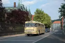 Beim Einr�cken in den Betriebshof passierte der dresdner Ikarus 66 die August-Bebel-Stra�e anl�sslich des 2. Ikarus Treffens in L�bau am 28.05.2011.