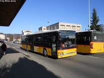 Postauto/PU Stucki, ex PU Tinner Nr. 17 (Setra S315NF) am 29.11.2011 beim Bhf. Porrentruy. Nachdem 2007 im Raum Sargans die BSW von Postauto die Konzession bernahm, mussten einige Postauto-Unternehmer ihren Betrieb einstellen. Die meisten Fharzeuge waren zu betagt fr eine Weiterverwendung. nicht aber dieser Setra, der nun im Jura eine neue Aufgabe als Schulbus gefunden hat.