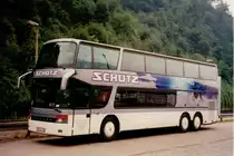 Aus dem Archiv: Setra S 328 DT  Sch�tz  mit der Sternzeichen-Lackierung der Ausstellungsfahrzeuge, August 1995 Heidelberg
