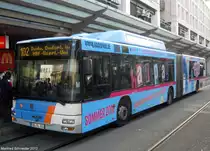 MAN Gas Bus mit neuer Werbung am Saarbr�cker Hauptbahnhof. Die Aufnahme des Foto war im M�rz 2012.
