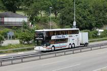 van Hool Astromega de la maison L'Oiseau Bleu photographi le 27.05.2012 sur l'autoroute Ble - Berne