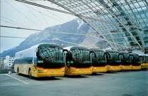 PostAuto Graub�nden MAN-Parade mit (v.l.n.r.) GR 162'984, 992, 981, 977, 985 + 987 am 1. M�rz 2008 Chur, Postautostation