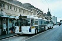 TL Lausanne Nummer 728 FBW/Hess Trolleybus am 15. M�rz 2008 Lausanne, Bahnhof (mit  PYJAMA -Werbung)