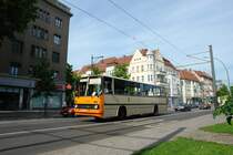Hier ist der Wagen 027 vom Typ Ikarus 260 in Pankow Kirche auf dem Weg zum Betriebshof Niedersch�nhausen. An allen Fotostandpunkten (Ausnahme: B�ssing D2 in Schildow) habe ich eigentlich auf die historischen Wagen der Stra�enbahn gewartet, aber auch die Busse sehen an diesen Orten meiner Meinung nach sehr fotogen aus und haben es ebenfalls verdient, fotografiert zu werden. (20.05.07)