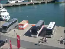 Mercedes Tourismo vom Reisedienst Springhorn aus Deutschland und Setra 415 HD Ruser aus Deutschland und Van Hool T911 von Heusser aus der Schweiz im Stadthafen Sassnitz am 15.08.2012