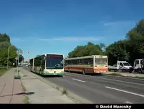 594 der VBBr am Hauptbahnhof Richtung Trauerberg in Brandenburg an der Havel . 
Neben ihm ein O407 vom Domstiftgut Mtzow.