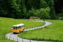 Ein FBW Alpenwagen IIIa und ein Saurer D1KU bei der Fahrt durch das Kiental; 09.06.2013