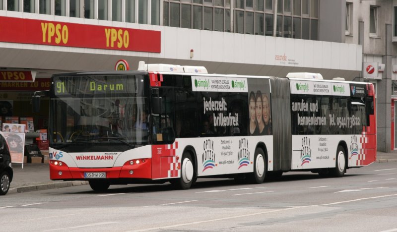 Winkelmann  OS HW 935 mit Werbung fr Optik Motzek auf der Linie 91 nach Darum.
27.6.2009 